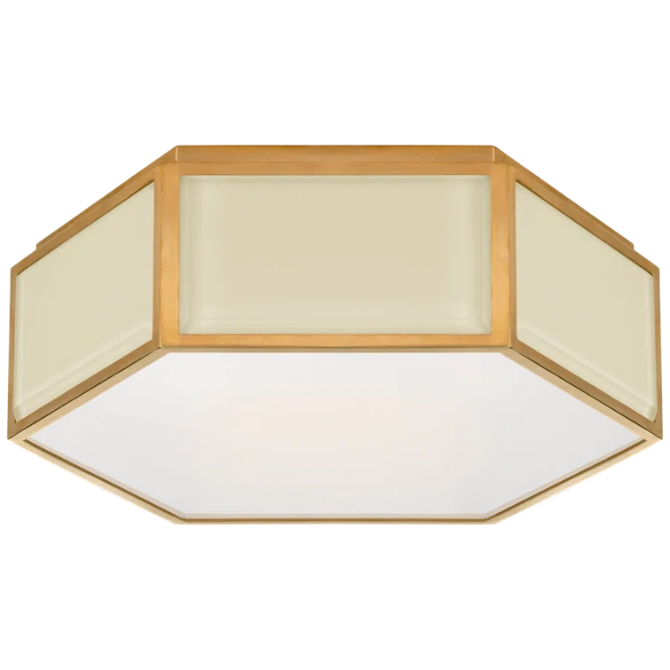 Cream and Soft Brass Hexagonal Glass Flush Mount Light