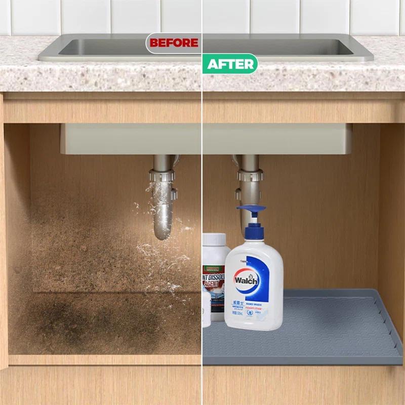 Under Sink Mat, 34" X 22" Silicone Mats For Kitchen Waterproof, Under Sink Cabinet Organizers And Storage, Sink And Cabinet Protector, Under Sink Tray For Bathroom (Grey)