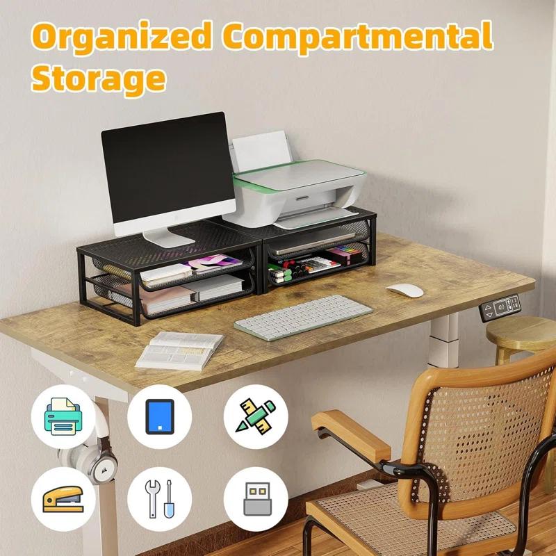 Inbox Zero 2 Pack 2-Tier Metal Monitor Stand Riser And Computer Desk Organizer With 2 Drawer For Laptop, Computer, Imac, Black