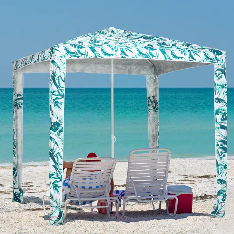 Outsunny Quick Beach Cabana Canopy Umbrella, 6.5' Easy-Assembly Sun-Shade Shelter with Sandbags, Cool UV50+ Fits Kids & Family, Green Coconut Palm