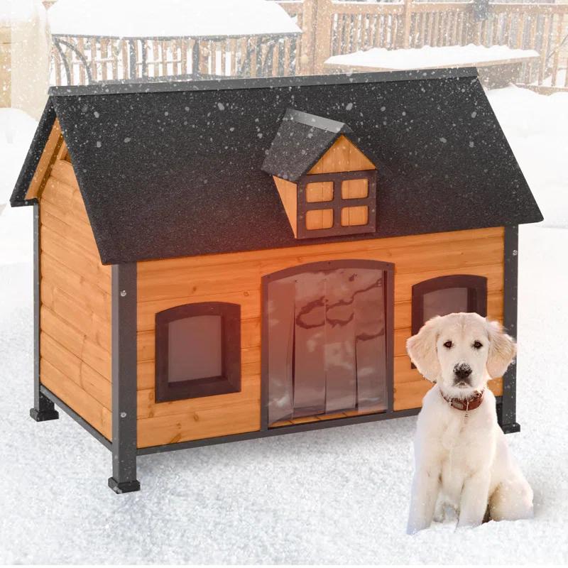 Archie & Oscar™ Insulated Outdoor Dog House with Insulated Liner, Anti-Chewing Iron Frame Wooden Dog Kennel with Unique Design Roof, Weatherproof Dog House for Outdoor Indoor