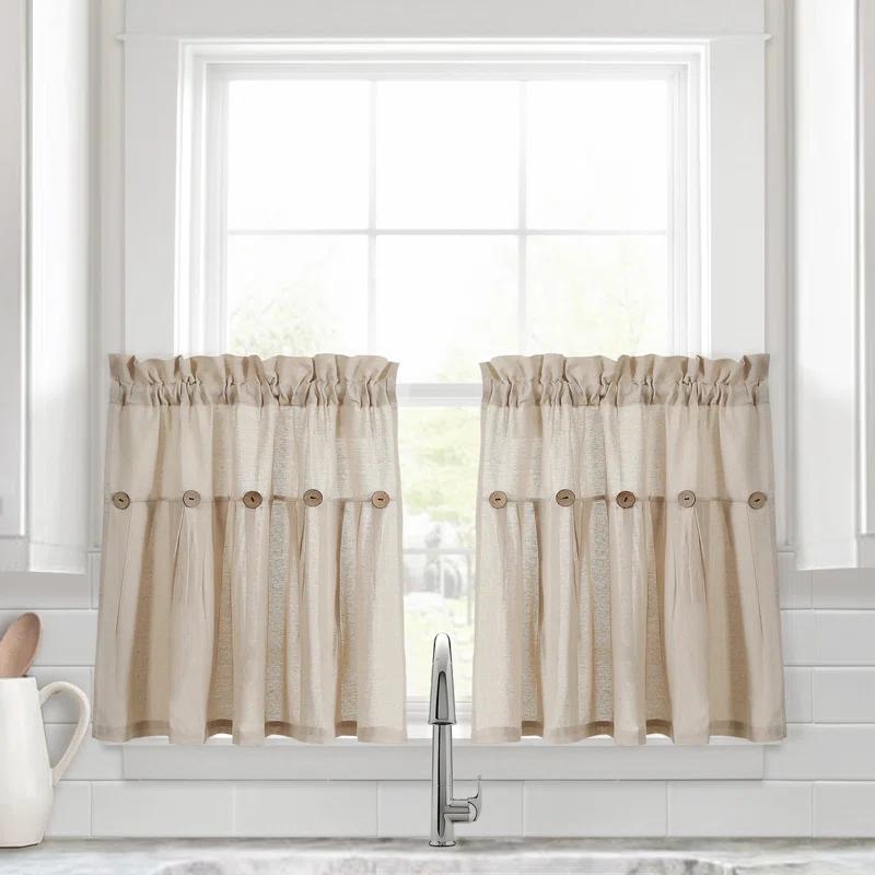 Lush Decor Linen Button Cotton Blend Tailored 29'' W Cafe Curtain (Set of 2)