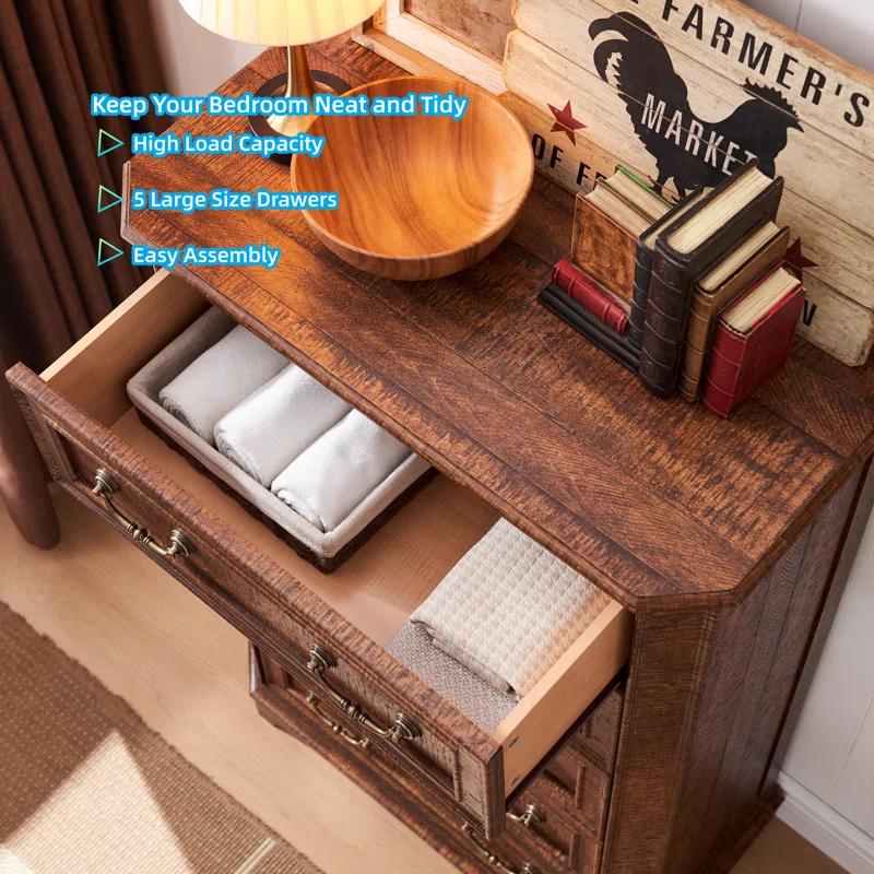 Laurel Foundry Modern Farmhouse® Theron Farmhouse 5 Drawer Bedroom Dresser, Wood Tall Chest of Drawers, Closet Storage for Bedroom