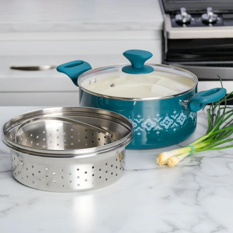 Spice by Tia Mowry Spice By Tia Mowry Savory Saffron Nonstick Ceramic Dutch Oven With Stainless Steel Steamer, 5-Quart, Charcoal, Enamel Exterior, Stay-Cool Handles