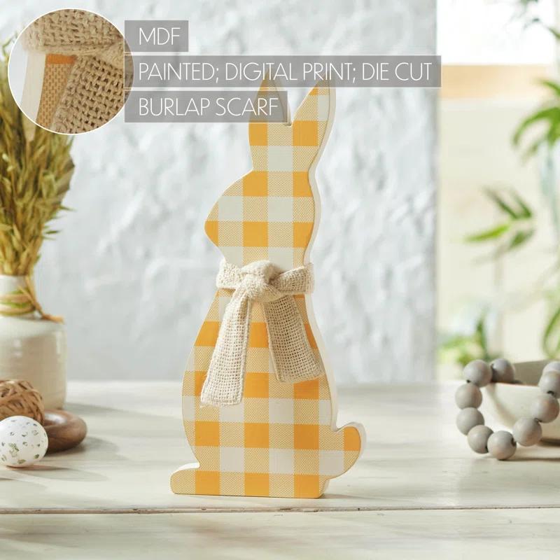 VHC Brands Bunny Hop MDF All Ears Lavender Check Bunny In Burlap Scarf 13x6x1