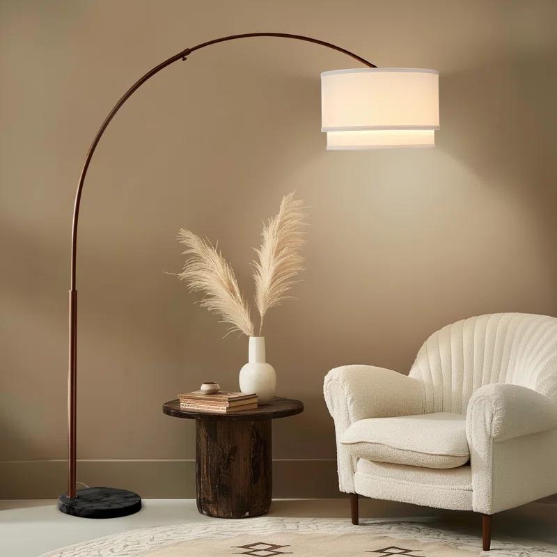 Mason 81 in. Modern Adjustable LED Arched Standing Floor Lamp with Fabric Drum Shade and Weighted Marble Base