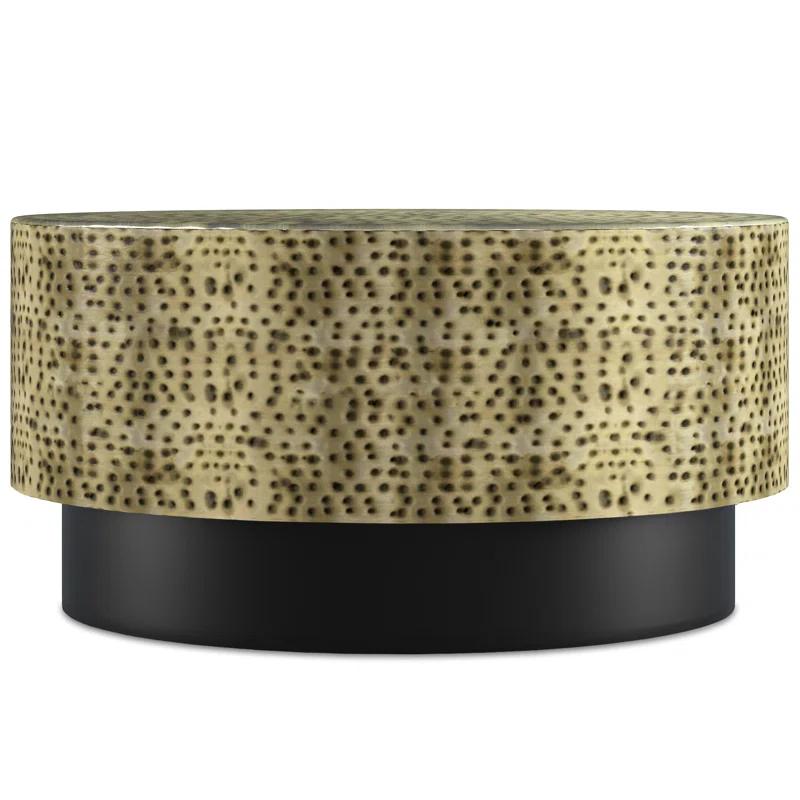 Simpli Home Montrose 30"W Antique Gold and Black Metal Modern Industrial Round Coffee Table with Hammered Texture, Fully Assembled