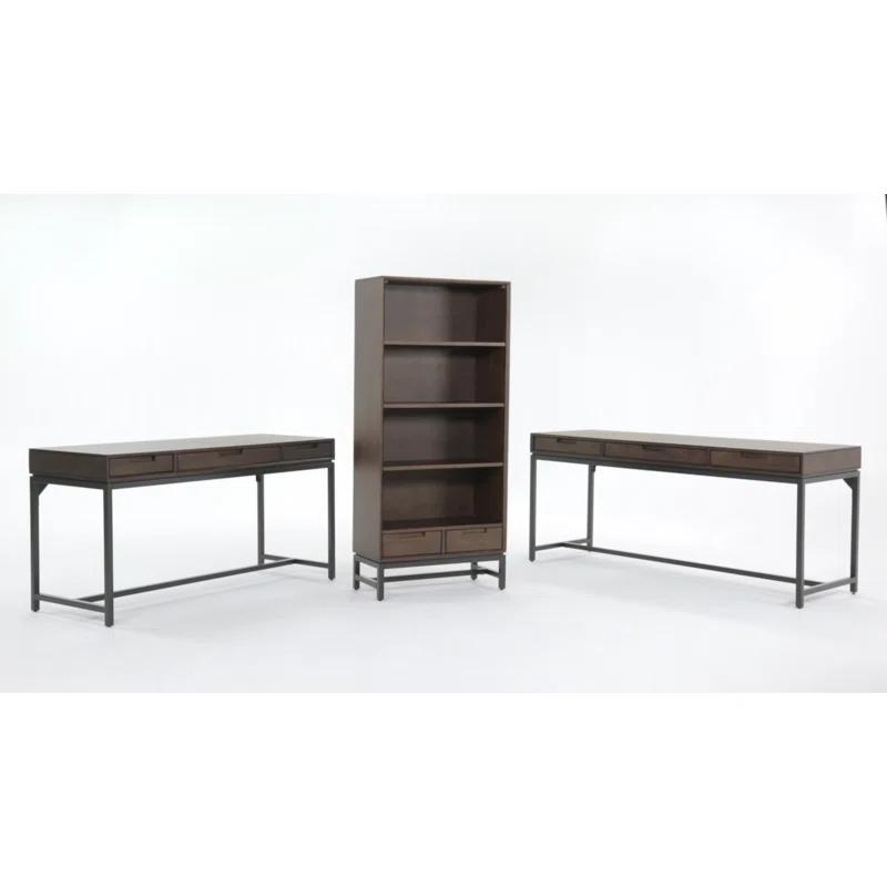 Banting 30"W Solid Wood 4 Shelf Industrial Bookcase with 2 Drawers, Adjustable Shelves, and Metal Base