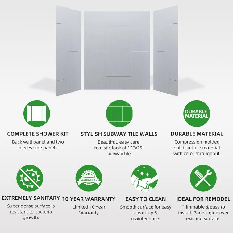 WoodBridge 75/96" H Solid Surface Shower & Tub Wall Panel, Surround, Quick Install, Cuttable, 0.138" thick