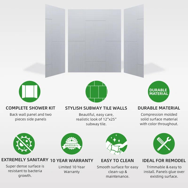 WoodBridge 75/96" H Solid Surface Shower & Tub Wall Panel, Surround, Quick Install, Cuttable, 0.138" thick
