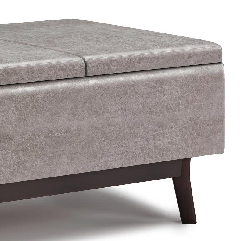 Simpli Home Owen 34"W Small Upholstered Coffee Table Storage Ottoman with Flip-Over Tray Top and Solid Wood Legs