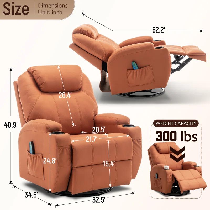 Recliner Chair, Rocking Chair with Massage and Heat, 360° Swivel Recliner Chairs for Adults, Rocker Manual Recliner with Remote Control and Cup Holder for Living Room