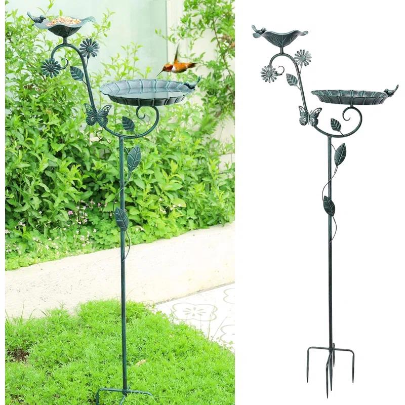 Ophelia & Co. Bird Baths And Feeder For Outdoors, 53 Inch Height Metal Birdbath Antique Garden Bird Feeder With Metal Stake For Garden Outside Yard Lawn Decorations, Green