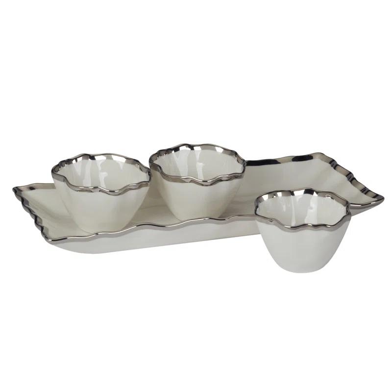 White and Silver Ceramic Serving Tray with Condiment Bowls