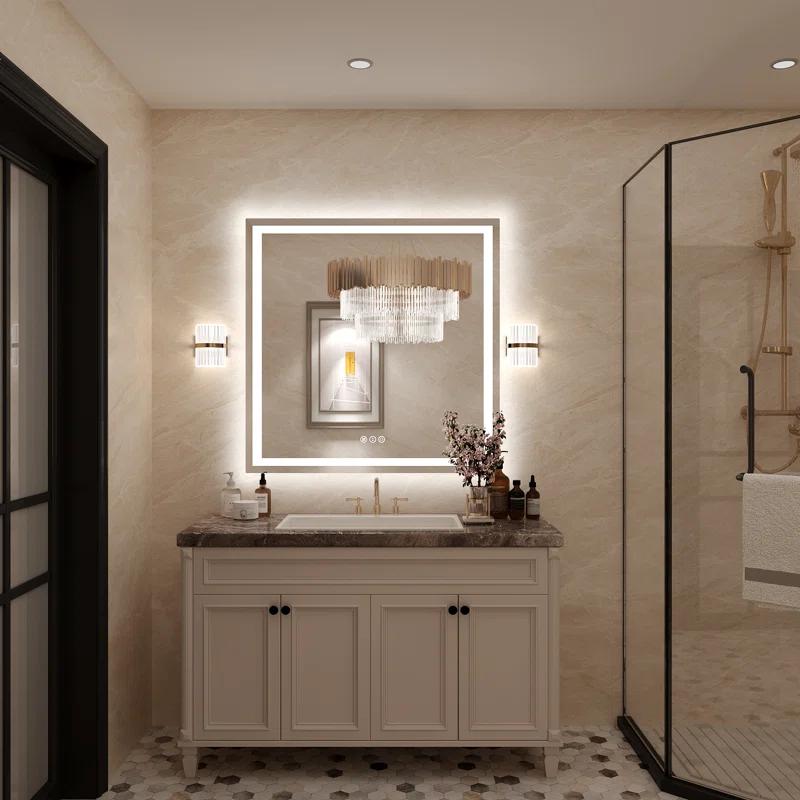 Ivy Bronx Molly Frameless LED Front Light and Backlit 3 Colors Dimmable Anti-Fog Wall Bathroom Vanity Mirror