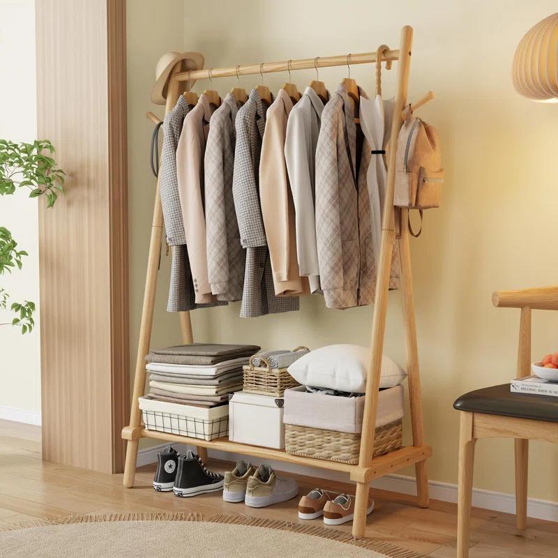 Rebrilliant Solid Wood Clothes Rack, Clothing Rack With Shelf And Hook, Sturdy And Portable, Garment Rack For Hanging Clothes,Coats,Skirts,Shoes,Bags,Easy To Assemble (Natural)