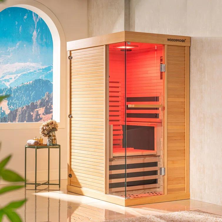 WoodBridge 1 Person Indoor Bluetooth Compatible FAR Infrared Sauna in Canadian Hemlock, Touch-Tone Keypad, LED Therapy Light
