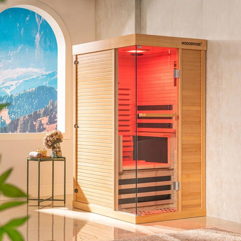 WoodBridge 1 Person Indoor Bluetooth Compatible FAR Infrared Sauna in Canadian Hemlock, Touch-Tone Keypad, LED Therapy Light