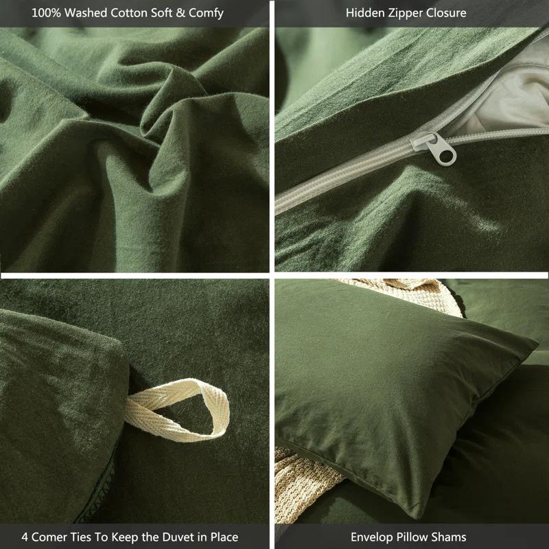 MOOMEE 100% Washed Cotton Linen Like Textured Duvet Cover Set