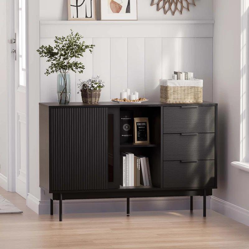 Ebern Designs Ebern Designs Sideboard Anetha, 47" X 31.5" Buffet Anetha With Storage, Black Sideboard With 2 Sliding Doors & 3 Drawers, Wood Coffee Bar Entryway Storage For Living Room