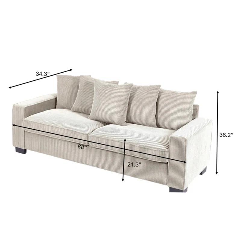 Latitude Run® 3 Seater Corduroy Sofa with 5 Matching Toss Pillows for Modern Living Room