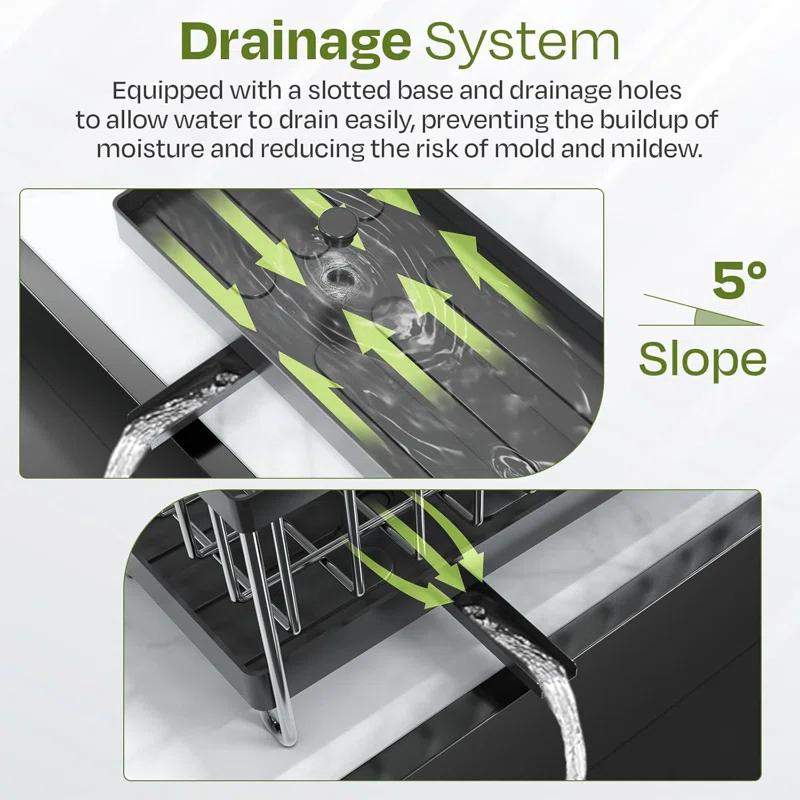 WKING Stainless Steel Kitchen Sink Caddy Organizer With Draining Tray, Rustproof Sponge Holder For Sink, Adjustable Compartments, Space-Saving Design