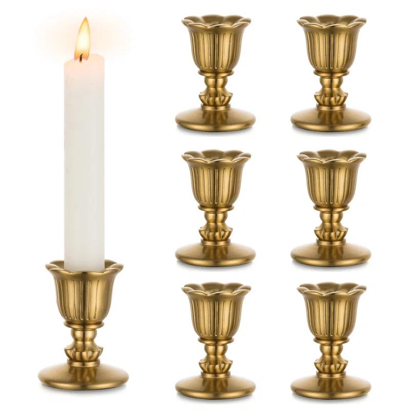 House of Hampton® Vintage Candlestick Candle Holders Brass,Taper Gold Candle Stick Victorian Style,Home Decor Set Of 6,Gold