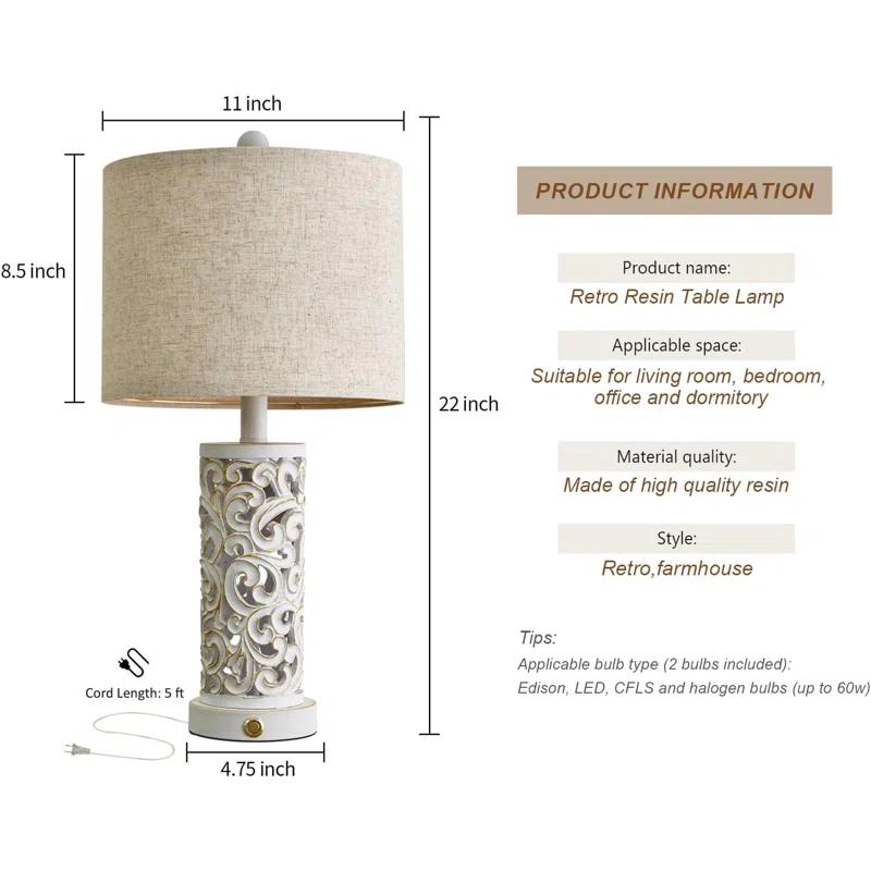 3-Way Dimmable 22'' Table Lamp Set Of 2 For Living Room Bedroom Farmhouse Vintage Retro Bedside Lamps Touch Control With USB Ports Linen Shade For Home Office (Wash, Bulb Included)