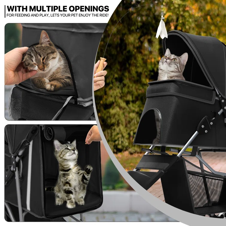 ATCHISON Foldable Pet Stroller, 3 Wheels Folding Carrier Jogger Stroller for Dogs Cats with Canopy and Basket