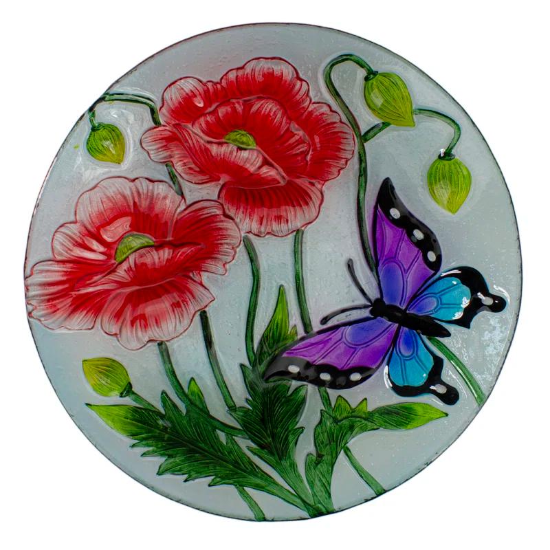 Northlight Seasonal 21" Butterfly and Carnations Hand Painted Glass Outdoor Birdbath
