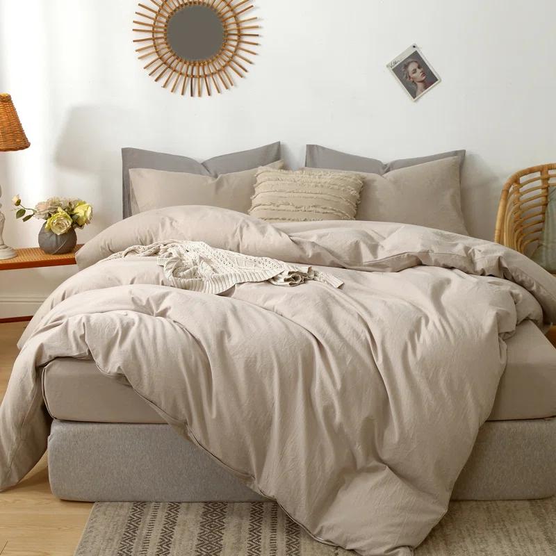 MOOMEE 100% Washed Cotton Linen Like Textured Duvet Cover Set