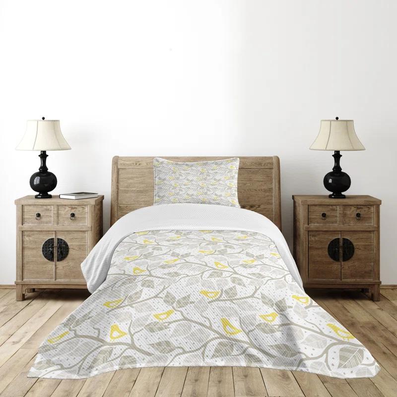 Ambesonne Ambesonne Grey and Yellow Bedspread Set Tree and Birds Grey Yellow and White