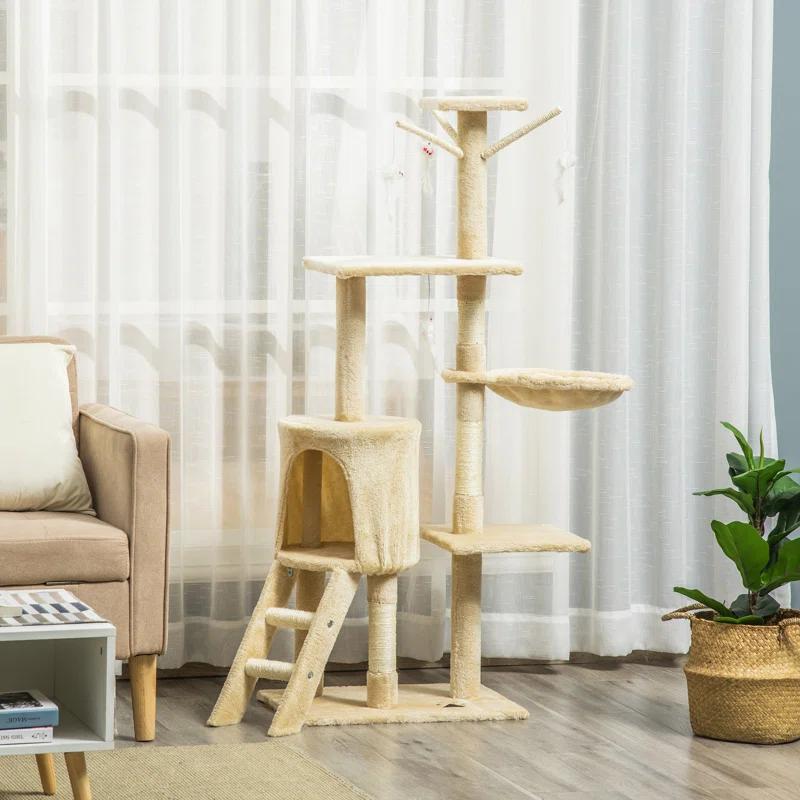 Tucker Murphy Pet™ 53" Plush Sturdy Interactive Cat Condo Tower Scratching Post Activity Tree House - Beige