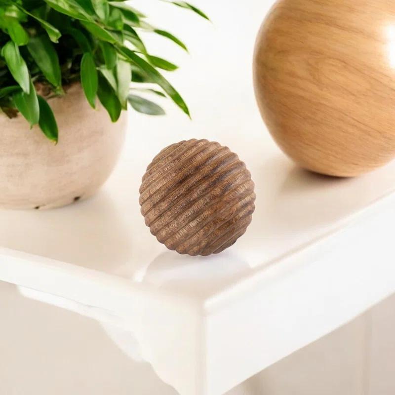 Sagebrook Home Nena Natural Round Brown Ridged Wooden Orb Decor Contemporary Rustic