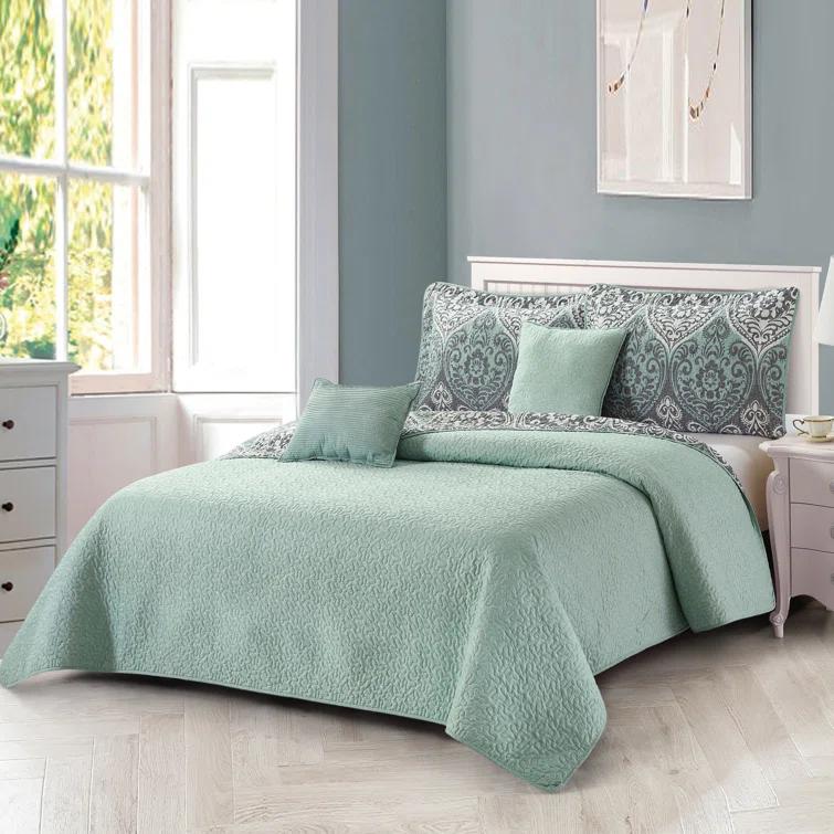 Home Soft Things 5 Piece Kingston Damask Printed Microfiber Quilts Set