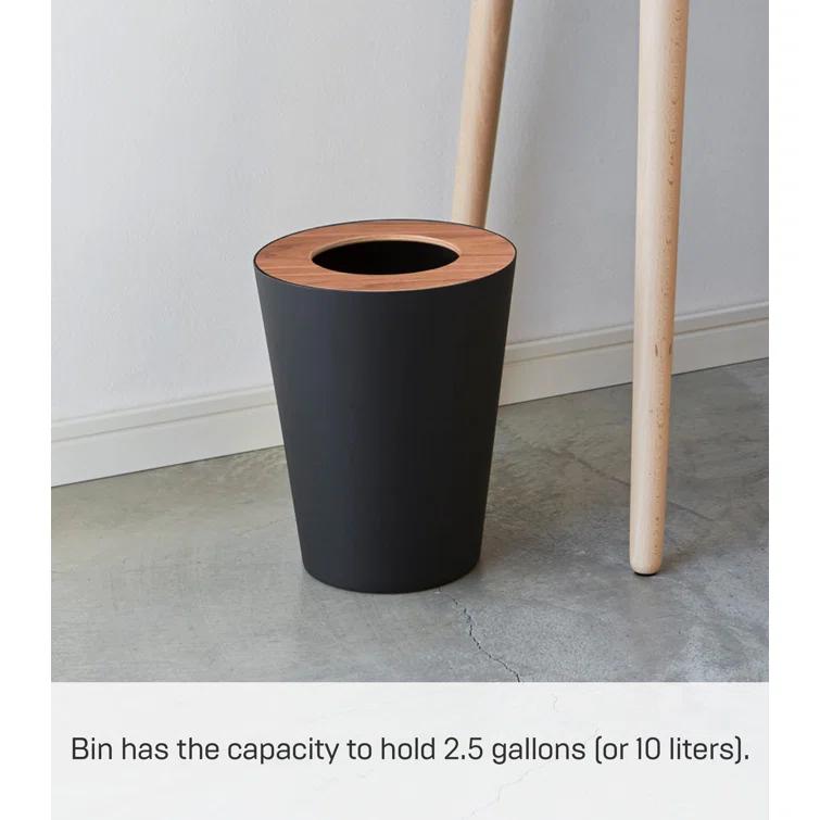 Rin Yamazaki Home Round Trash Can, 1.85 gallon Wastebasket Bathroom Kitchen Office, Steel + Wood