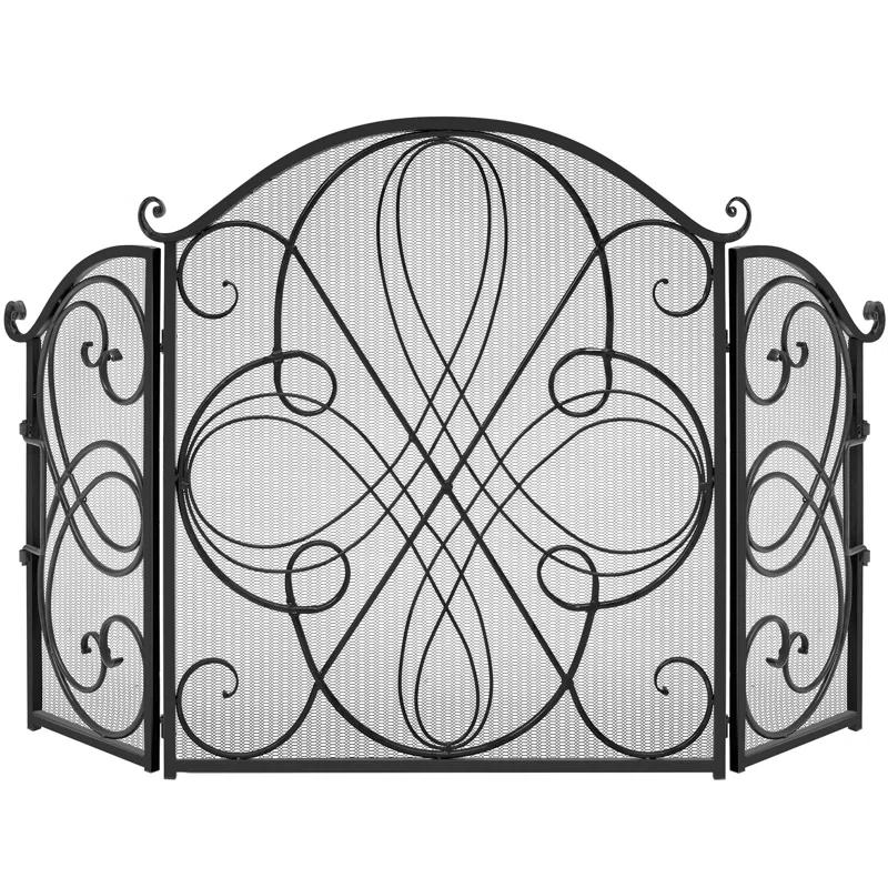 Winston Porter Lissowski 3-Panel 55"x33" Wrought Iron Fireplace Safety Screen Decorative Scroll Spark Guard Cover