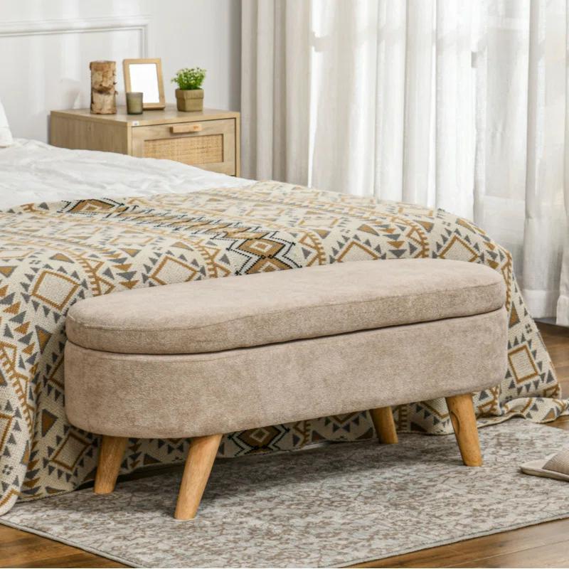 Corrigan Studio® Storage Ottoman Bench, 43.3" Teddy Fleece Upholstered End Of Bed Bench With Wood Legs And Padded Seat, Oval Modern Entryway Bench, Beige