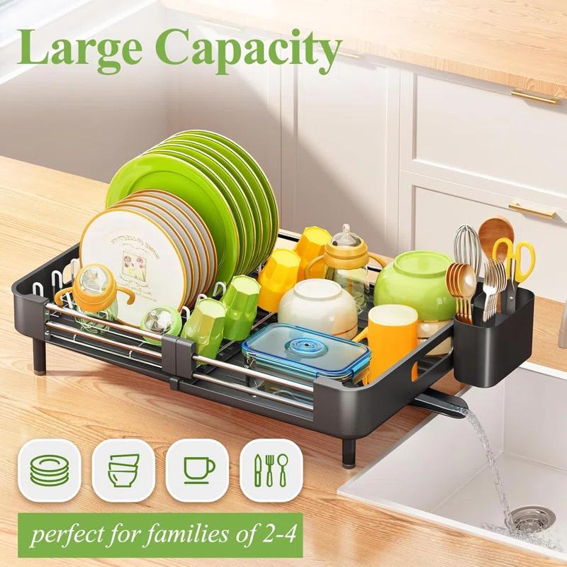 Anadea Expandable Dish Rack For Kitchen Counter, Large Dish Drainer, Stainless Steel Drying Dish Rack With Utensil Holder