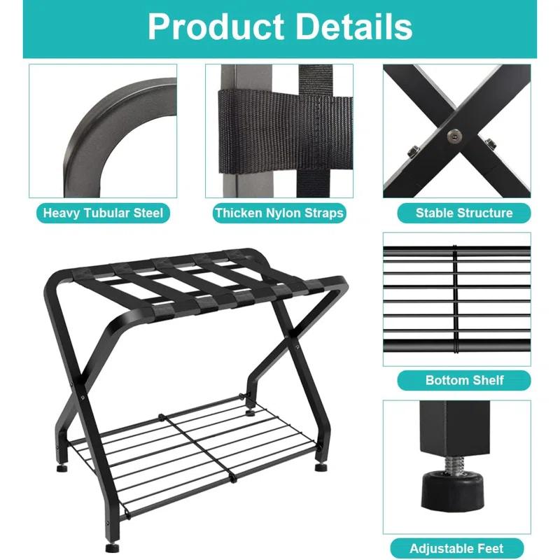 BINO Folding Luggage Rack With 2-Tiers Storage Shelf, Foldable Steel Frame Luggage Organizers For Suitcase, Metal Luggage Holder For Guest Room, Bedroom, Hotel, Closet, Black, 1Pack