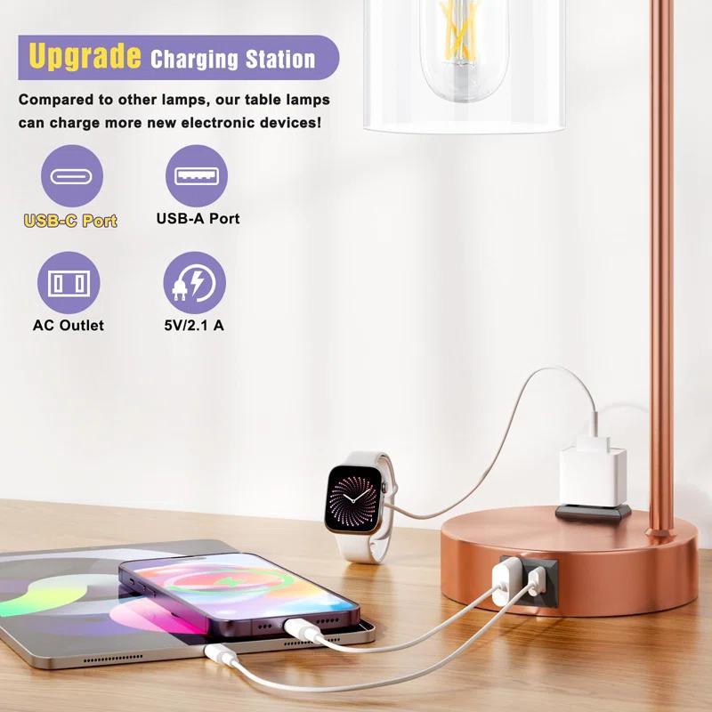 Latitude Run® Industrial Touch Table Lamps for Bedrooms Set of 2 - 3-Way Dimmable Nightstand Lamps with USB C+A Ports and Outlet, Bedside Lamps with Glass Shade for Living Room, Desk Lamps for Home Office