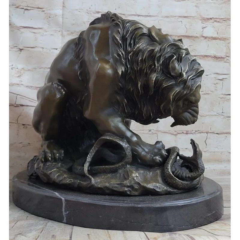 Bungalow Rose Lion Vs. Imitative Snake Bronze Statue Sculpture Figure By Antoine Barye On Marble Base