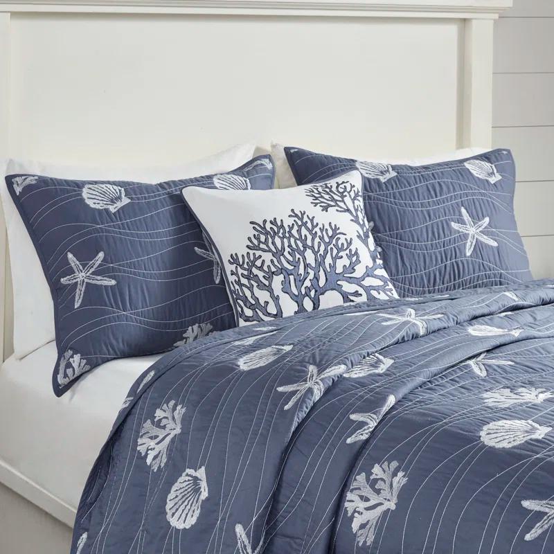 Harbor House Seaside 4 Piece Cotton Reversible Embroidered Quilt Set
