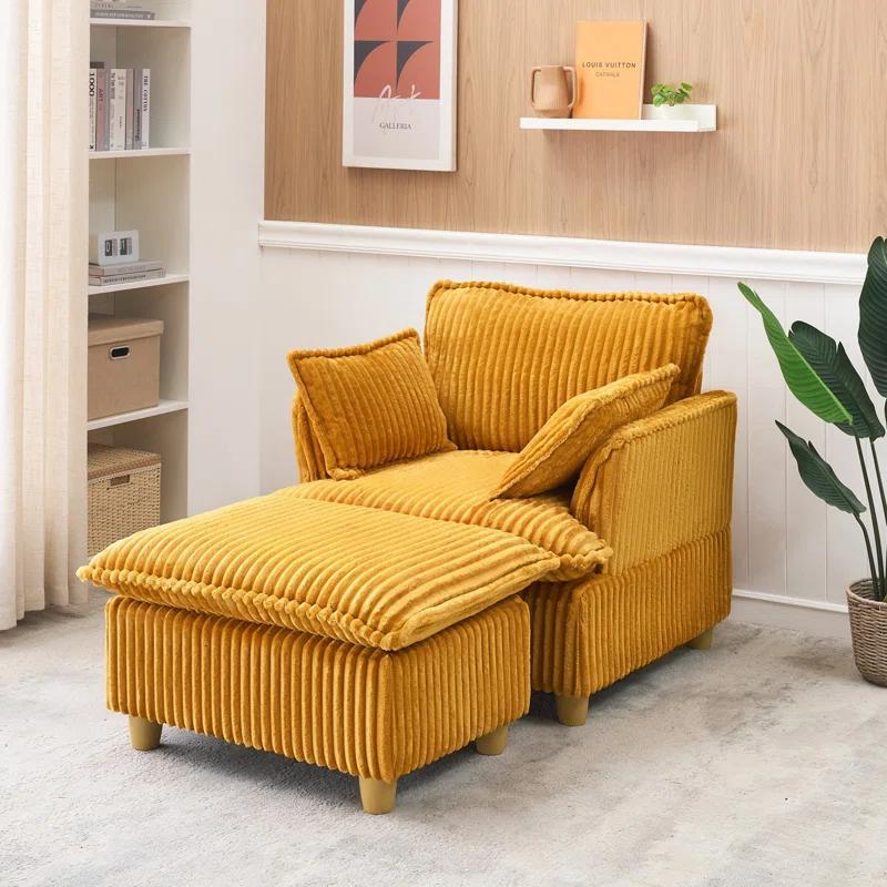 Everly Quinn This single-seat corduroy sofa comes with an ottoman and throw pillows