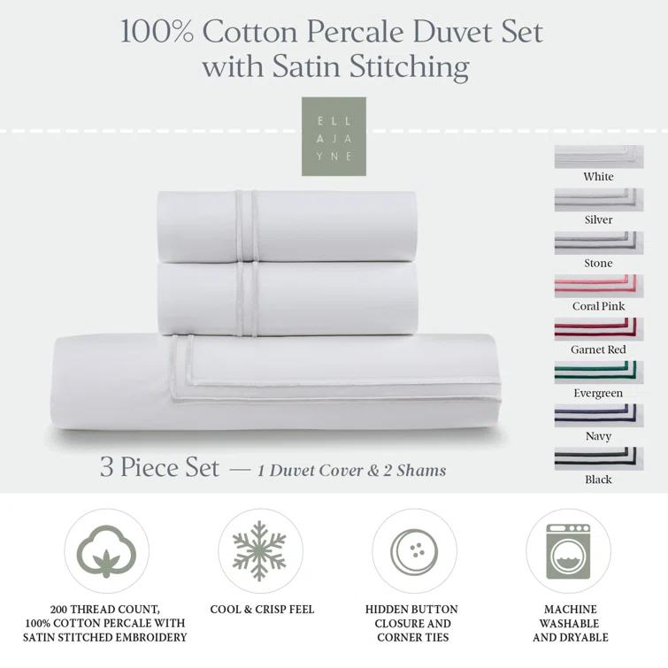 Ella Jayne Home Ella Jayne Cotton Duvet Cover with Satin Satin Stitching 3-Piece Set, White with White Satin Stitching