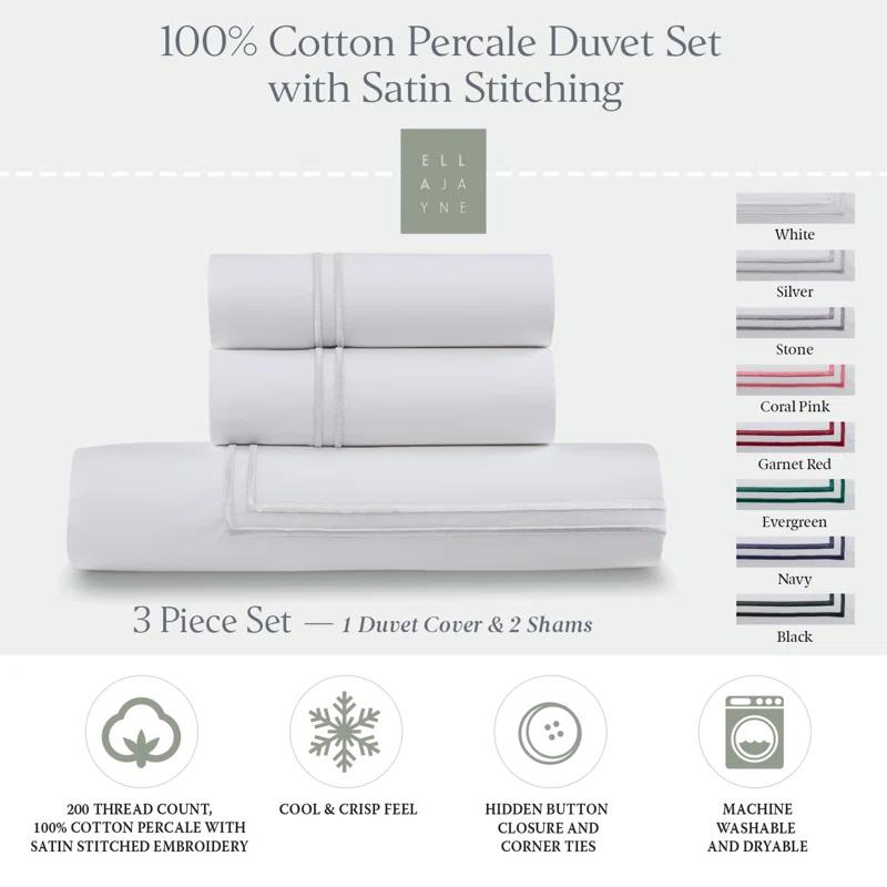 Ella Jayne Home Ella Jayne Cotton Duvet Cover with Satin Satin Stitching 3-Piece Set, White with White Satin Stitching