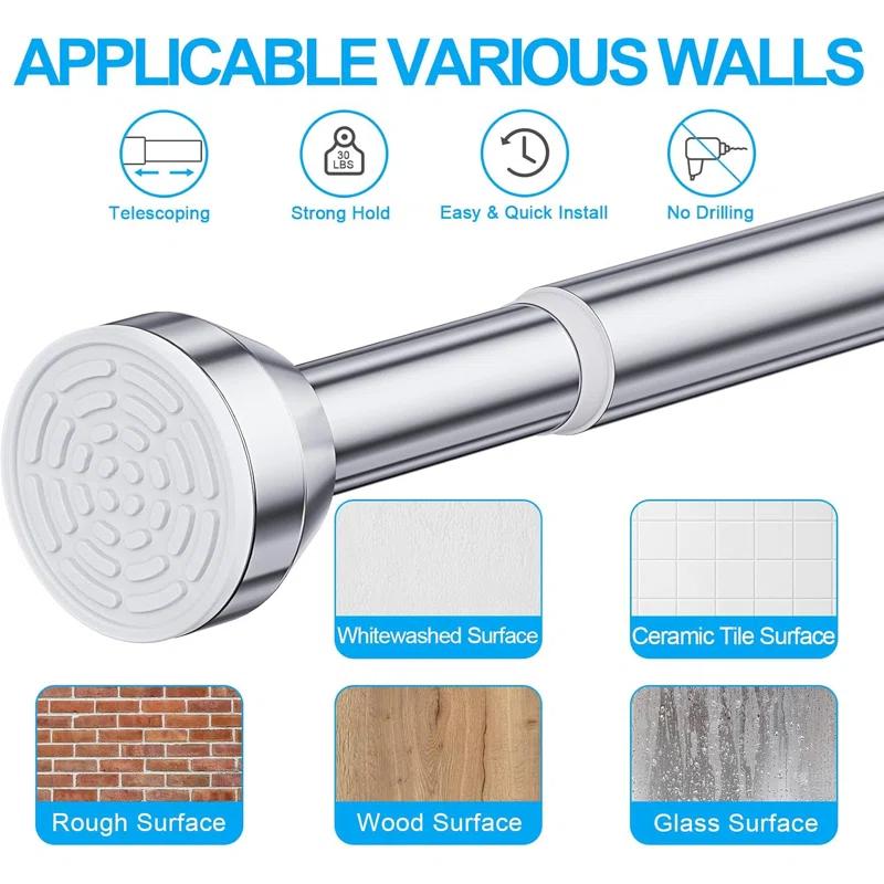 OUMIKEJI Shower Curtain Rod, 27-76 Inch Adjustable Tension Spring, Shower Curtain Rod Tension, Premium Stainless Steel, Anti-Slip, No Drilling, No Rust, For Bathroom, Silver