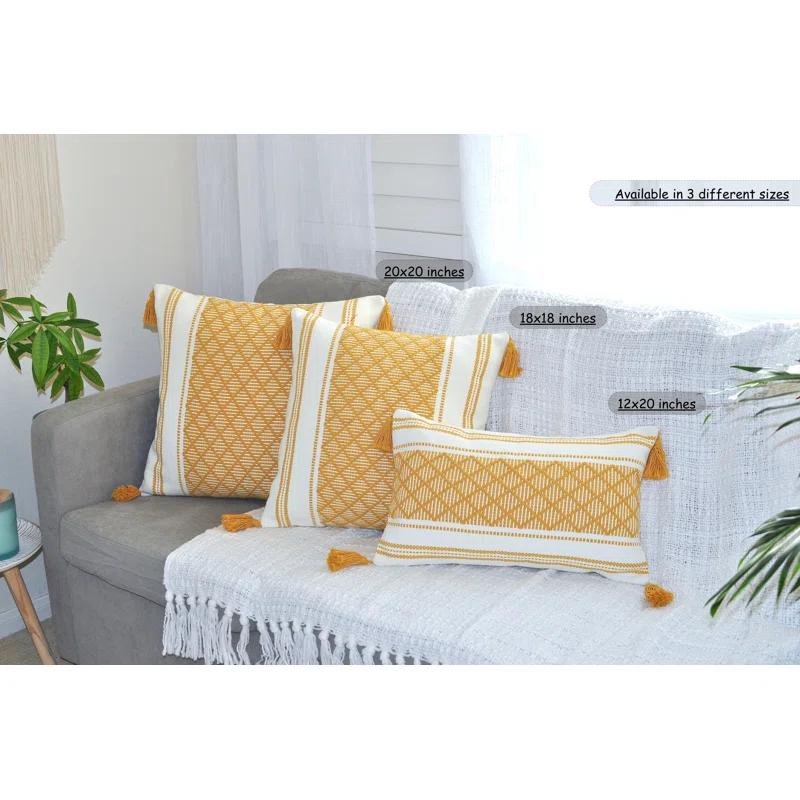 Oveesha Boho Lumbar Pillow Covers With Tassels, Outdoor/ Indoor Cotton Woven Rectangular Pillowcases (Set of 2)