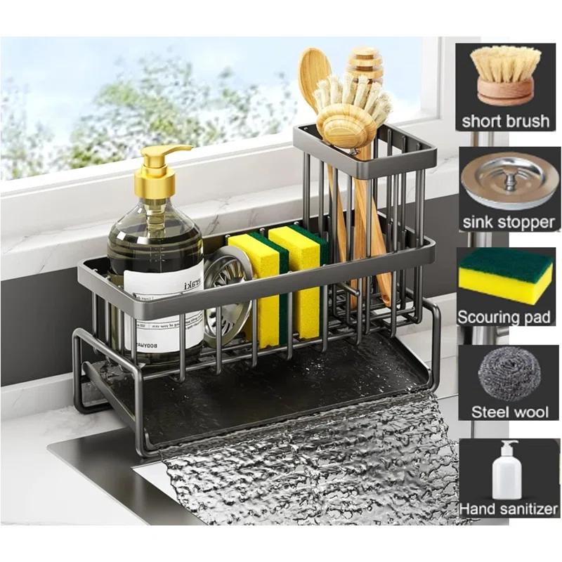 WKING Stainless Steel Kitchen Sink Caddy Organizer With Draining Tray, Rustproof Sponge Holder For Sink, Adjustable Compartments, Space-Saving Design