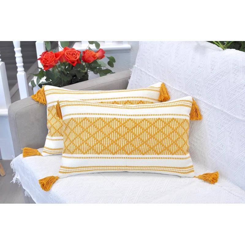 Oveesha Boho Lumbar Pillow Covers With Tassels, Outdoor/ Indoor Cotton Woven Rectangular Pillowcases (Set of 2)